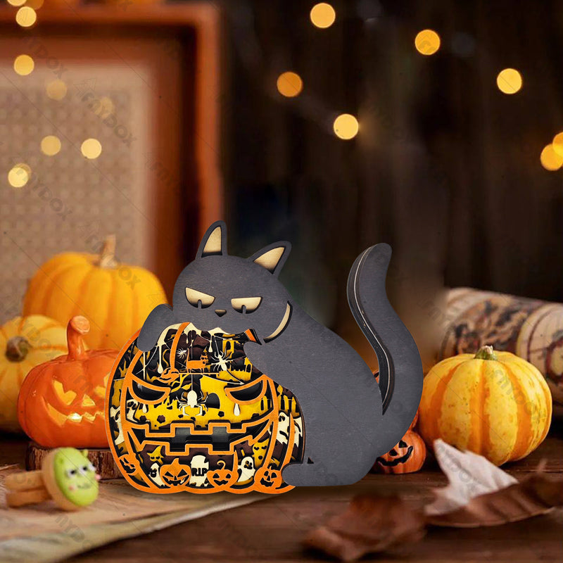 Pumpkin Cat 3D Wood Carving Light