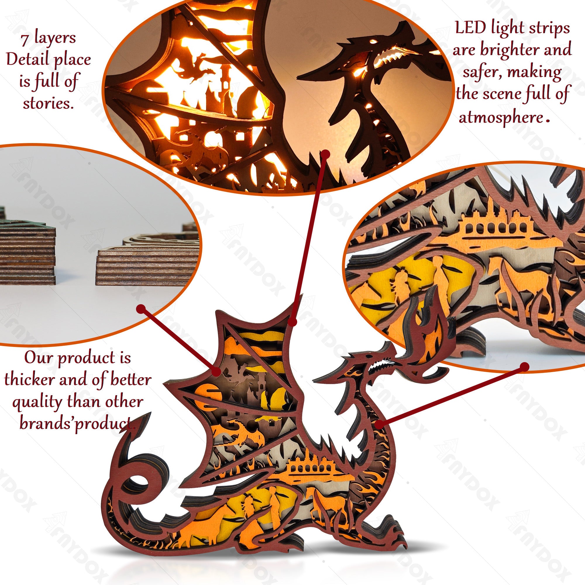 Western fire-breathing Dragon 3D Wood Carving Light