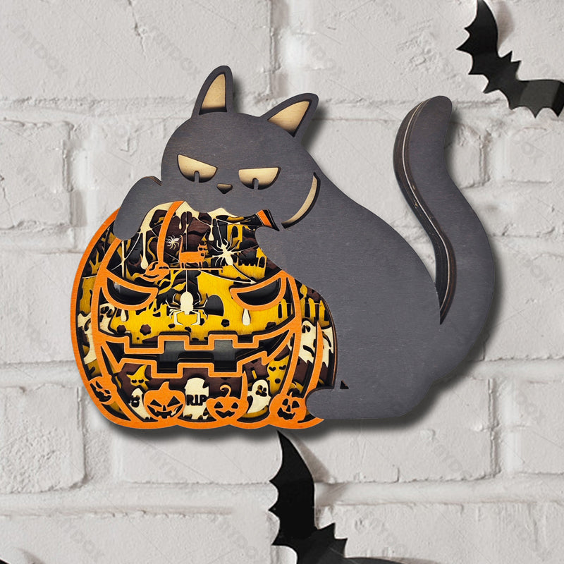 Pumpkin Cat 3D Wood Carving Light