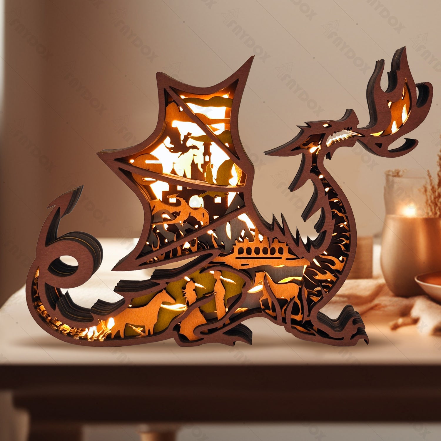 Western fire-breathing Dragon 3D Wood Carving Light