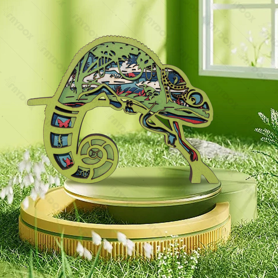 Wooden Chameleon Carving Handcraft Gift With Led