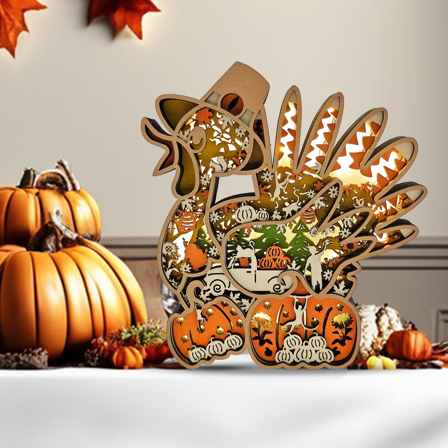 Turkey Pumpkin 3D Wood Carving Light【New】