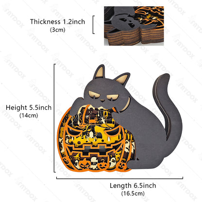 Pumpkin Cat 3D Wood Carving Light