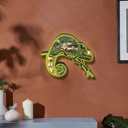 Wooden Chameleon Carving Handcraft Gift With Led