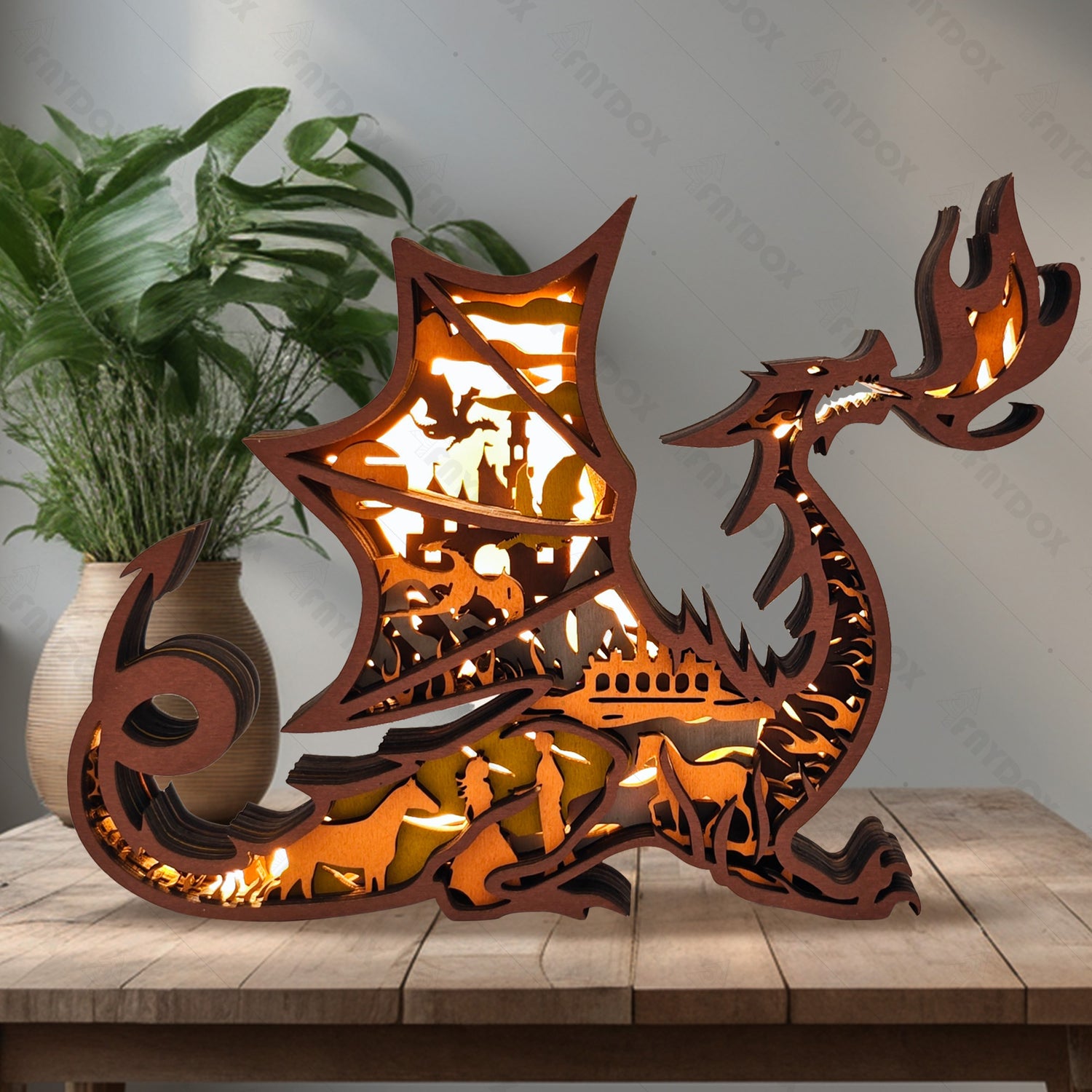 Western fire-breathing Dragon 3D Wood Carving Light