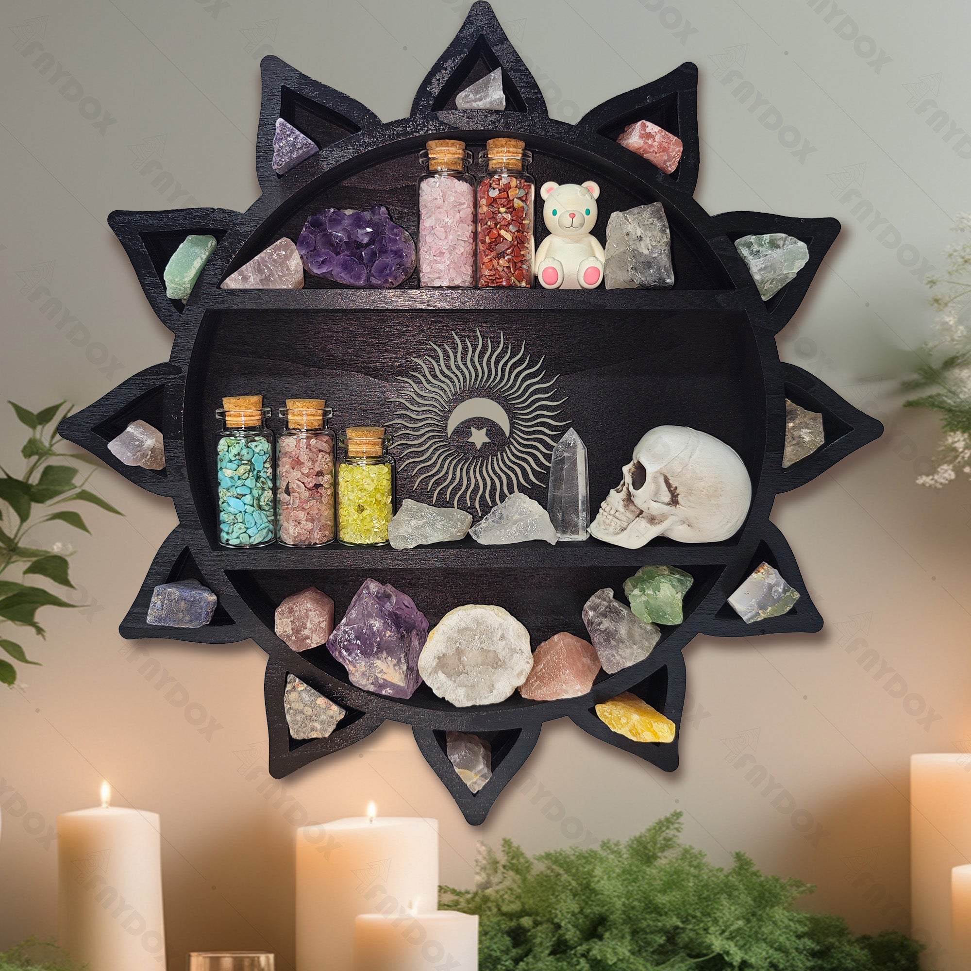 Witchy decor crystal shelf with warm colors and natural wood grain