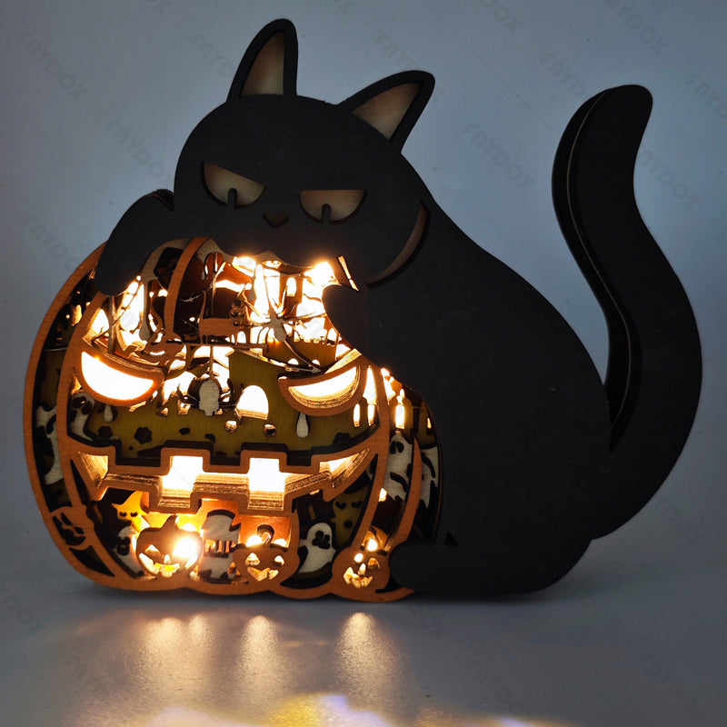 Pumpkin Cat 3D Wood Carving Light