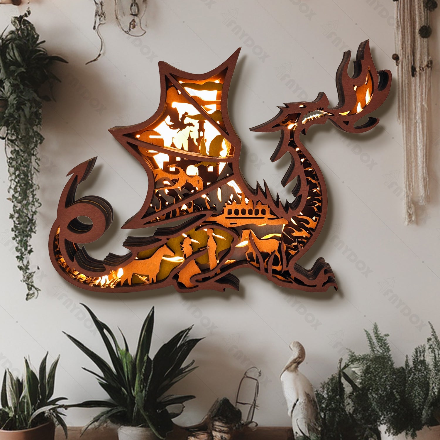 Western fire-breathing Dragon 3D Wood Carving Light