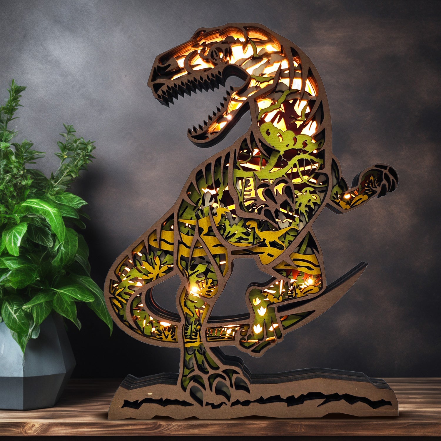 Velociraptor 3D Wood Carving Light