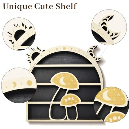 Cute Mushroom Floating Shelves, Wooden Crystal Display Shelf for Wall, Stone Holder Mushroom Home Wall Decor, Crescent Moon Phase Art Collection Hanging Display Shelf for Bathroom Kitchen Wall