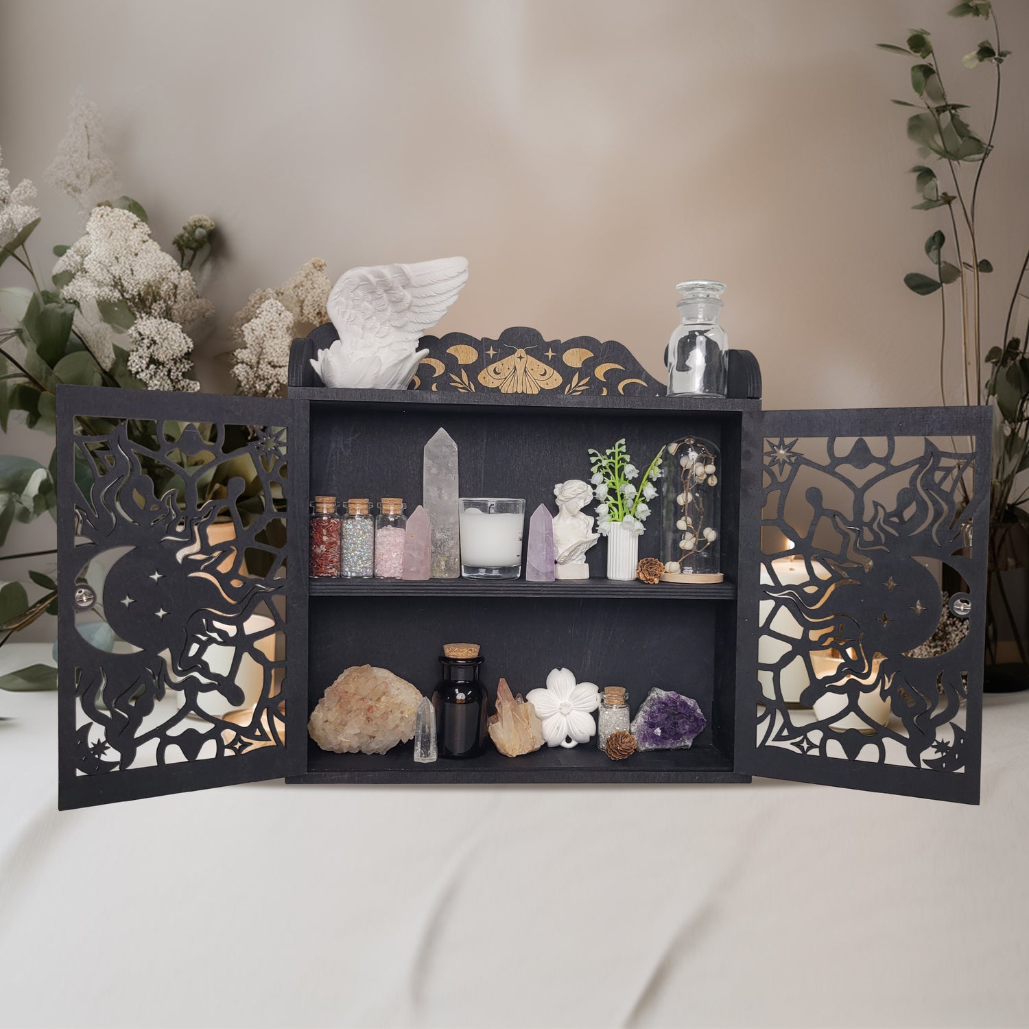 Moon Shelf Boho Room Decor, Crystal Display Shelf, Kitchen Shelf Trinket Cabinet Wooden Display Case, Nail Polish Rack Essential Oil Organizer Crystal Holder Makeup Storage Mug Shelf (Black)