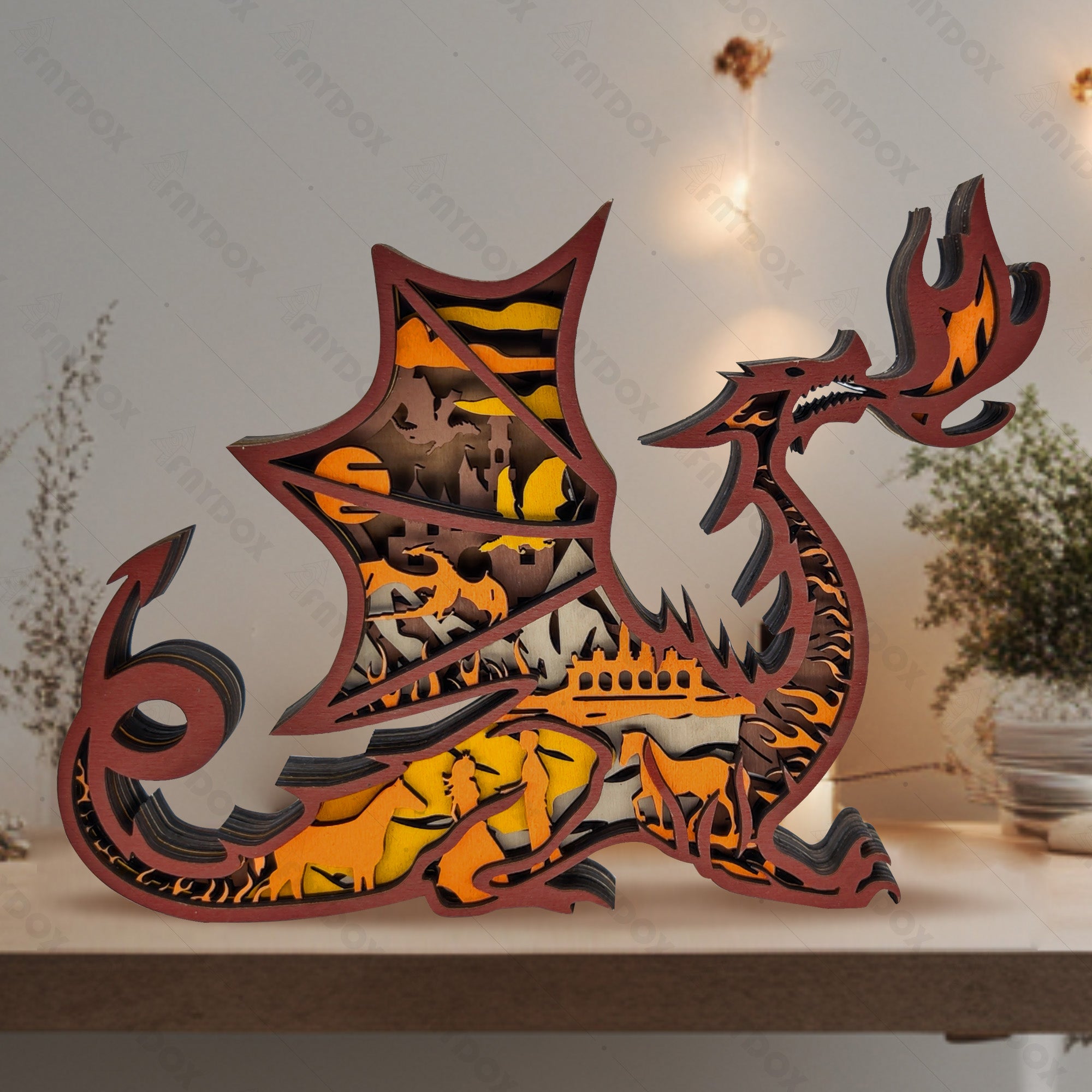 Western fire-breathing Dragon 3D Wood Carving Light