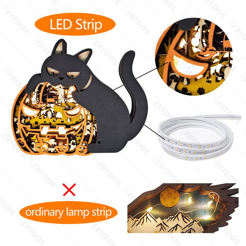 Pumpkin Cat 3D Wood Carving Light