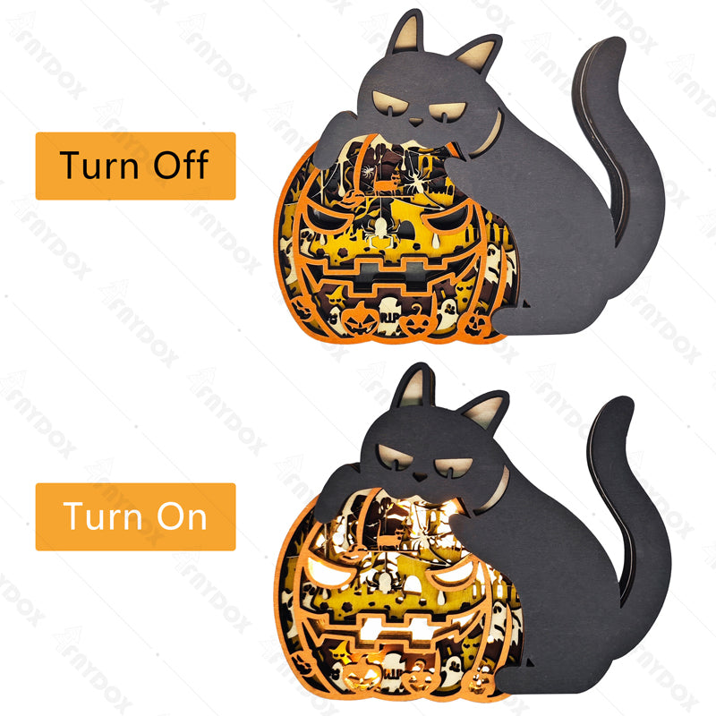 Pumpkin Cat 3D Wood Carving Light