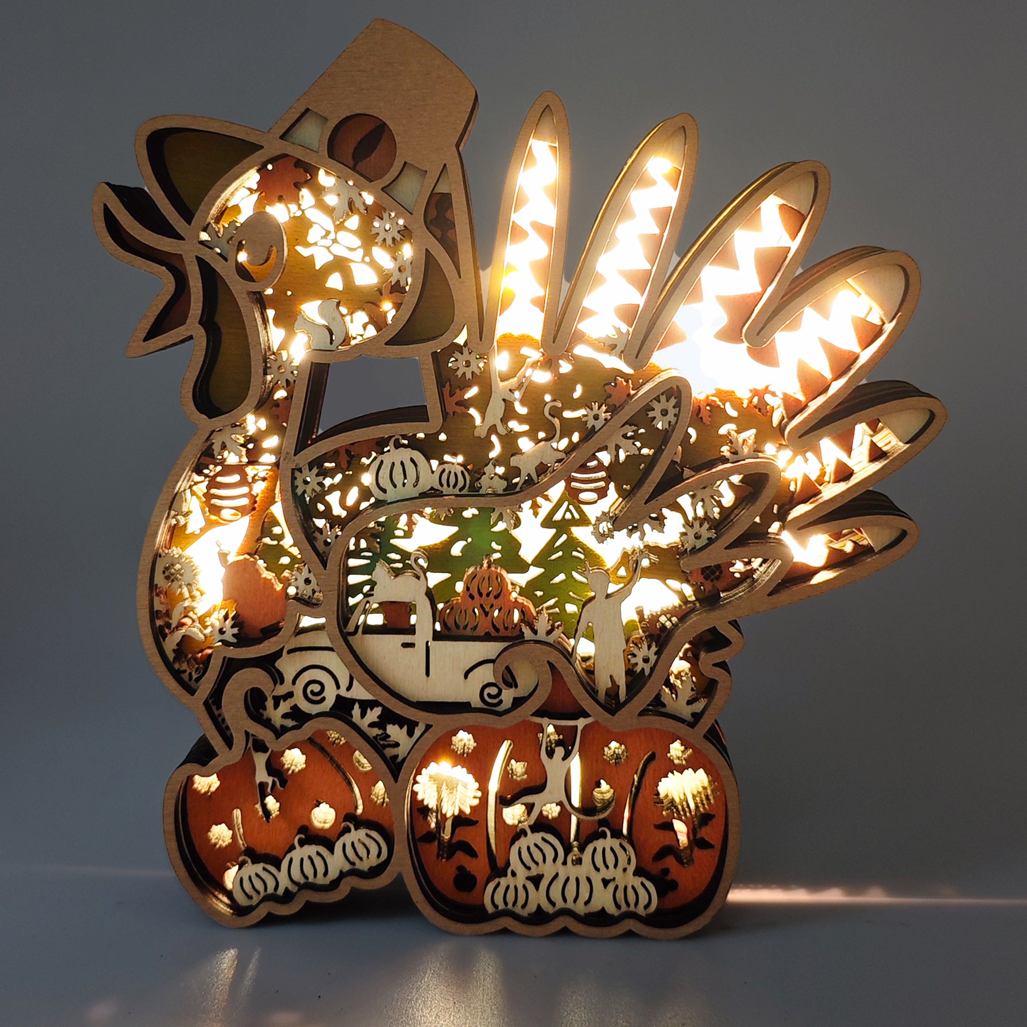 Turkey Pumpkin 3D Wood Carving Light【New】