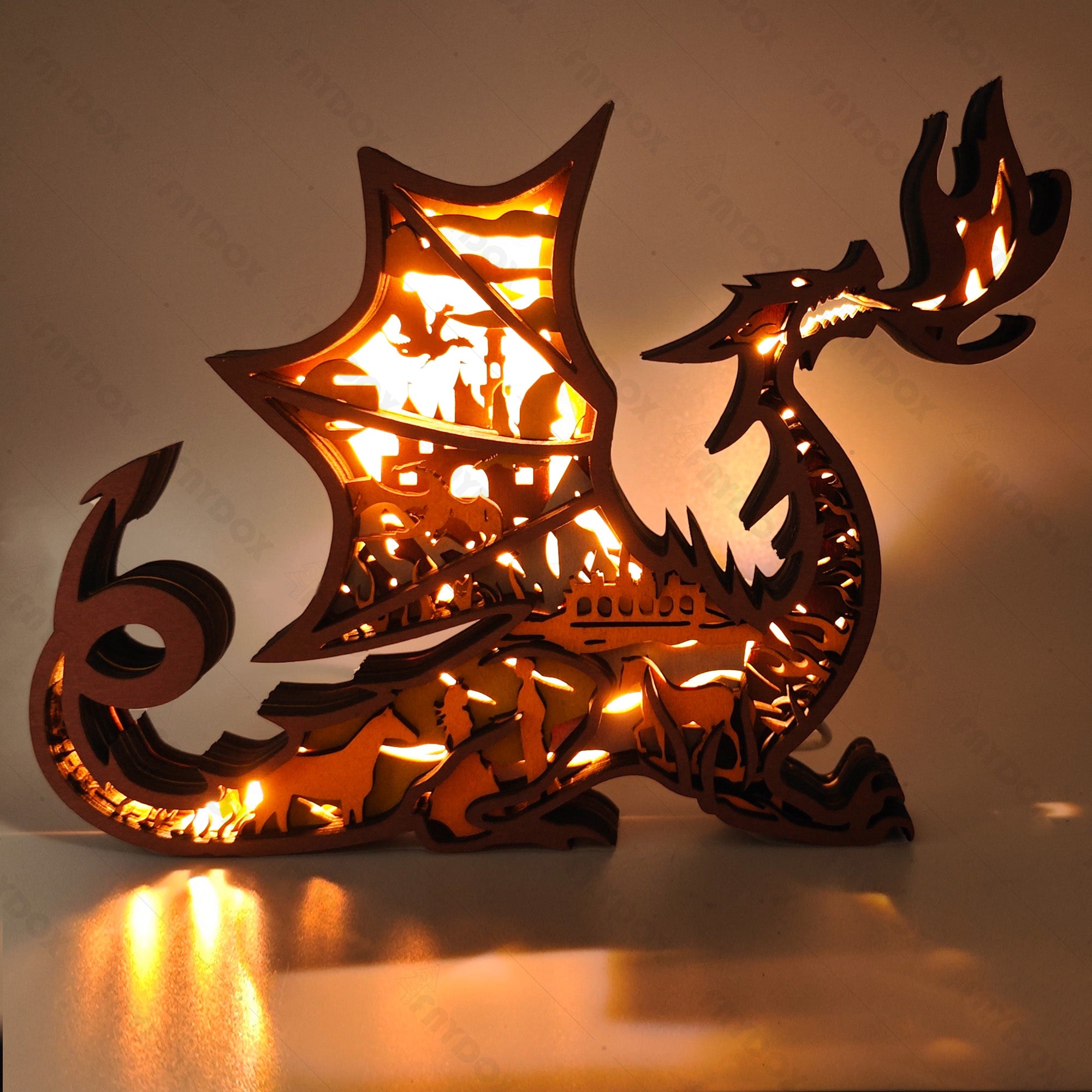 Western fire-breathing Dragon 3D Wood Carving Light