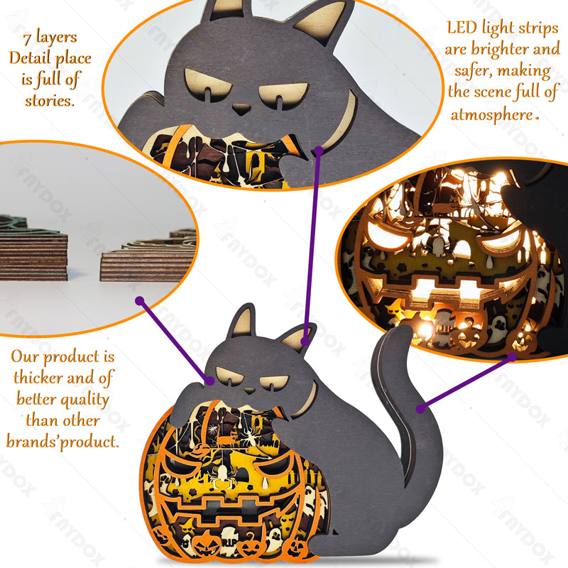 Pumpkin Cat 3D Wood Carving Light