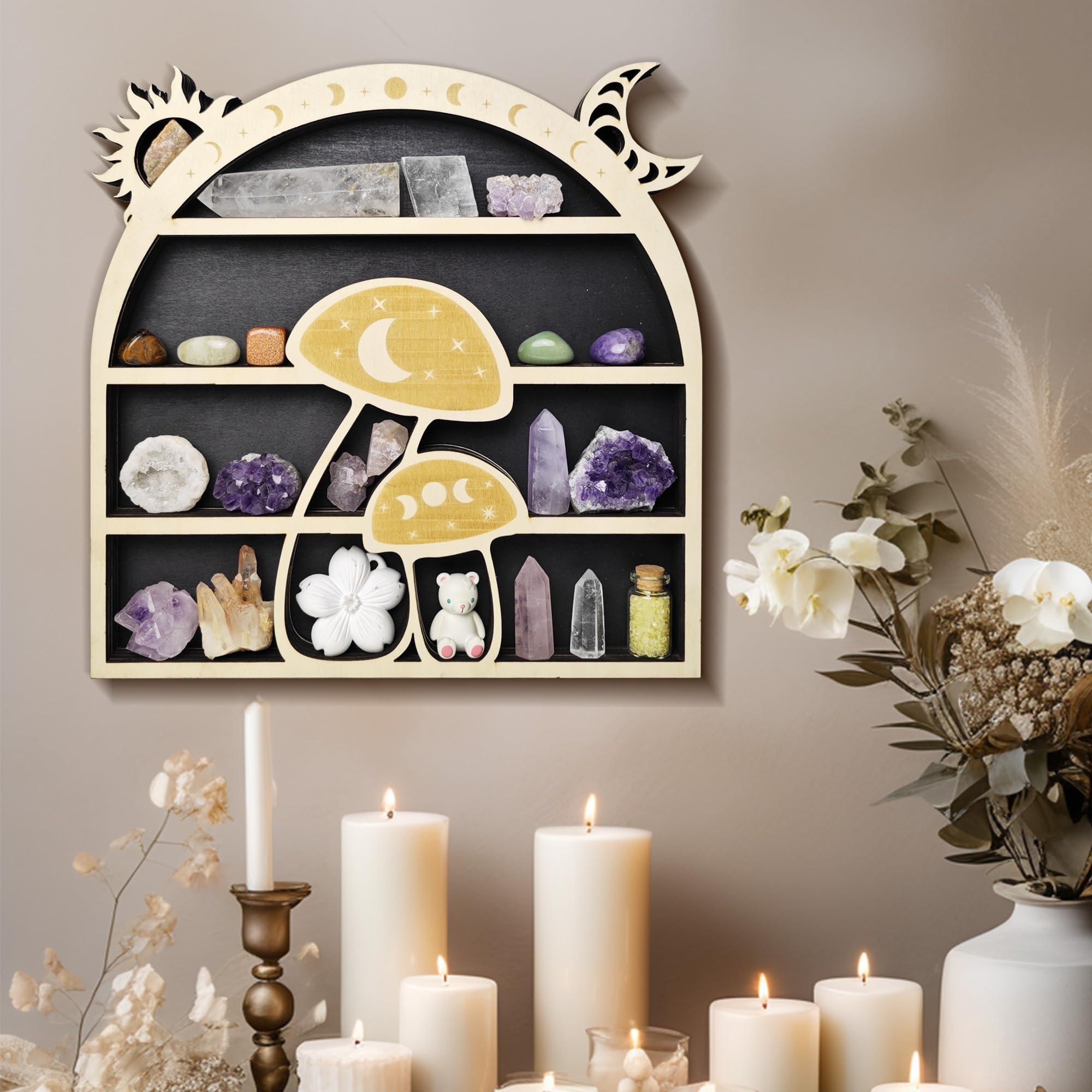 Cute Mushroom Floating Shelves, Wooden Crystal Display Shelf for Wall, Stone Holder Mushroom Home Wall Decor, Crescent Moon Phase Art Collection Hanging Display Shelf for Bathroom Kitchen Wall