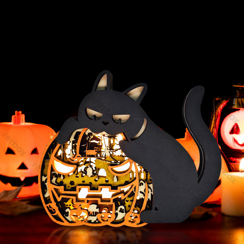 Pumpkin Cat 3D Wood Carving Light