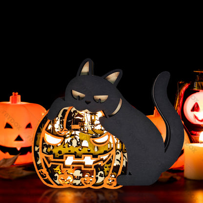 Pumpkin Cat 3D Wood Carving Light