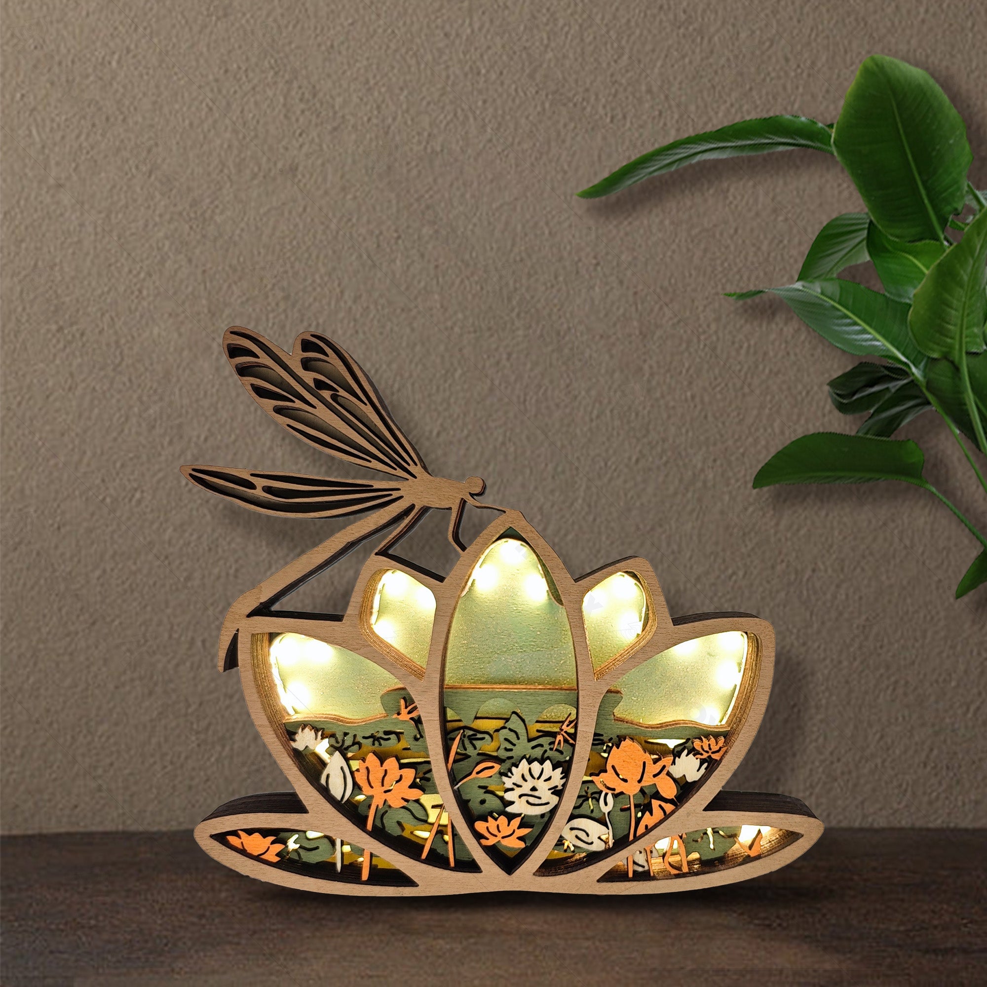 Lotus Dragonfly 3D Wood Carving Light