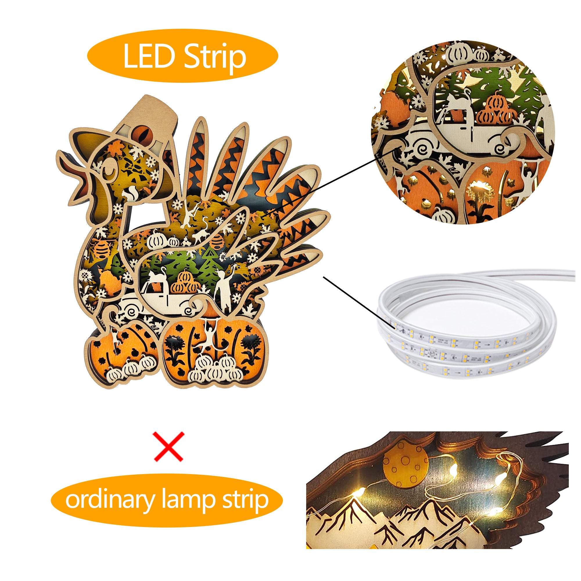 Turkey Pumpkin 3D Wood Carving Light【New】