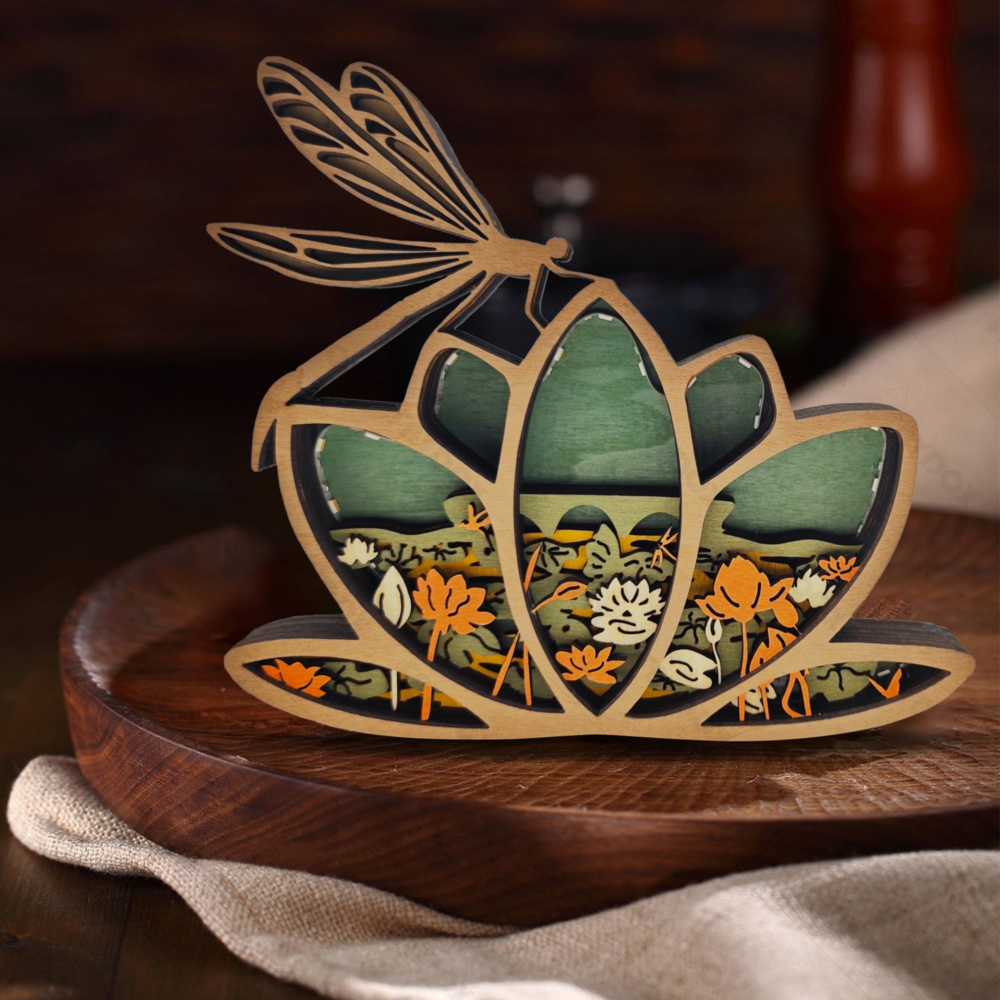 Lotus Dragonfly 3D Wood Carving Light