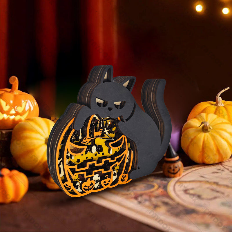 Pumpkin Cat 3D Wood Carving Light