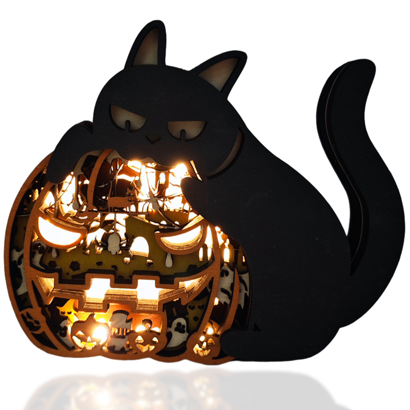 Pumpkin Cat 3D Wood Carving Light