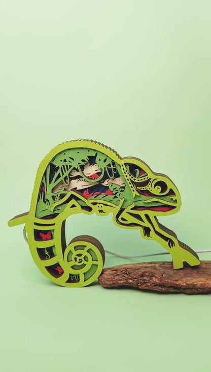 Wooden Chameleon Carving Handcraft Gift With Led