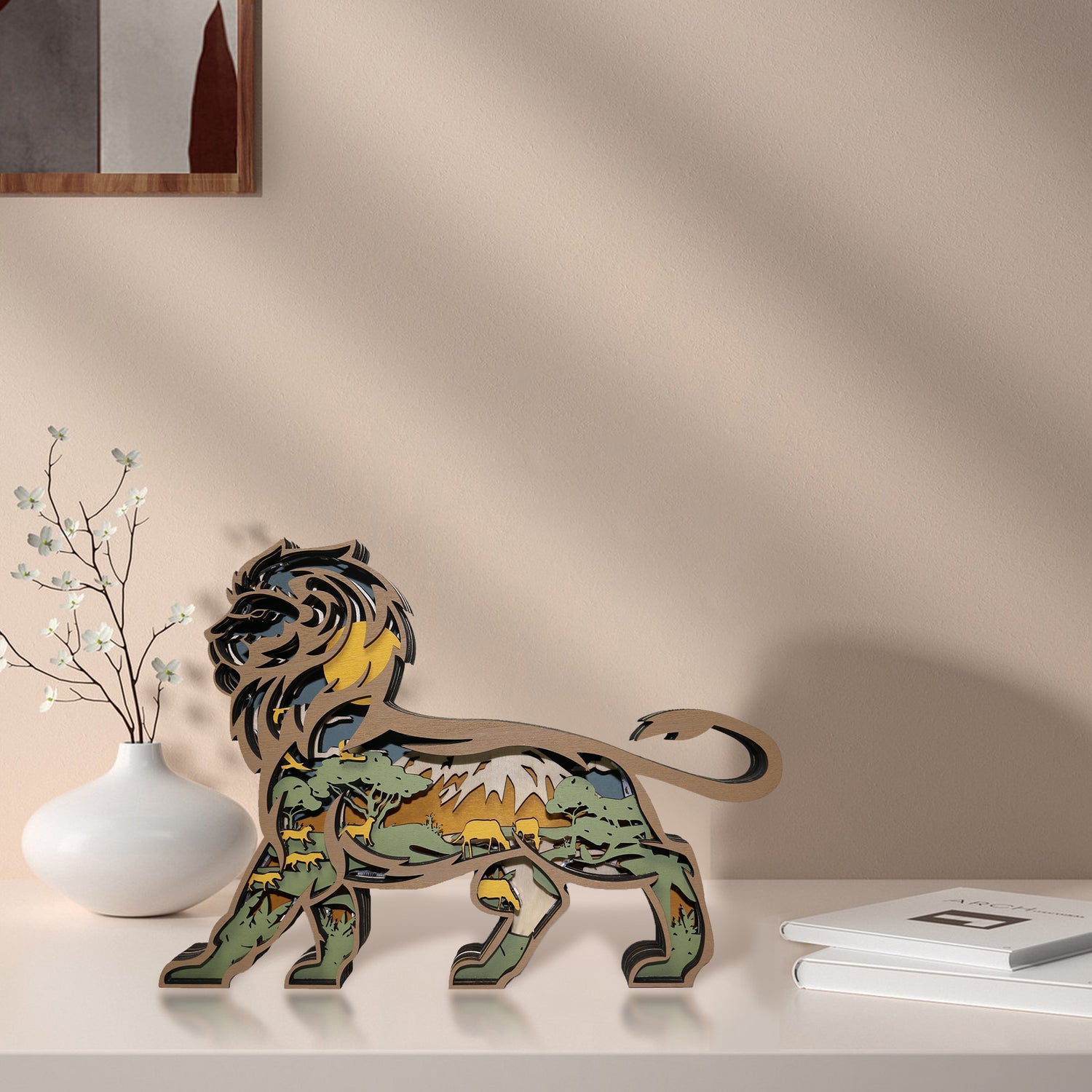 Wooden Lion Carving Handcraft Gift WIth LED