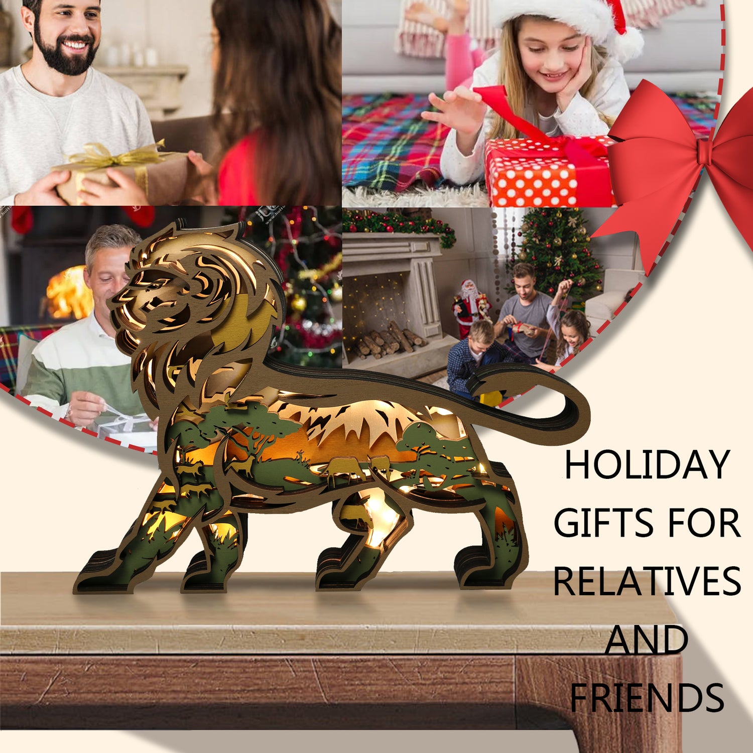 Wooden Lion Carving Handcraft Gift WIth LED