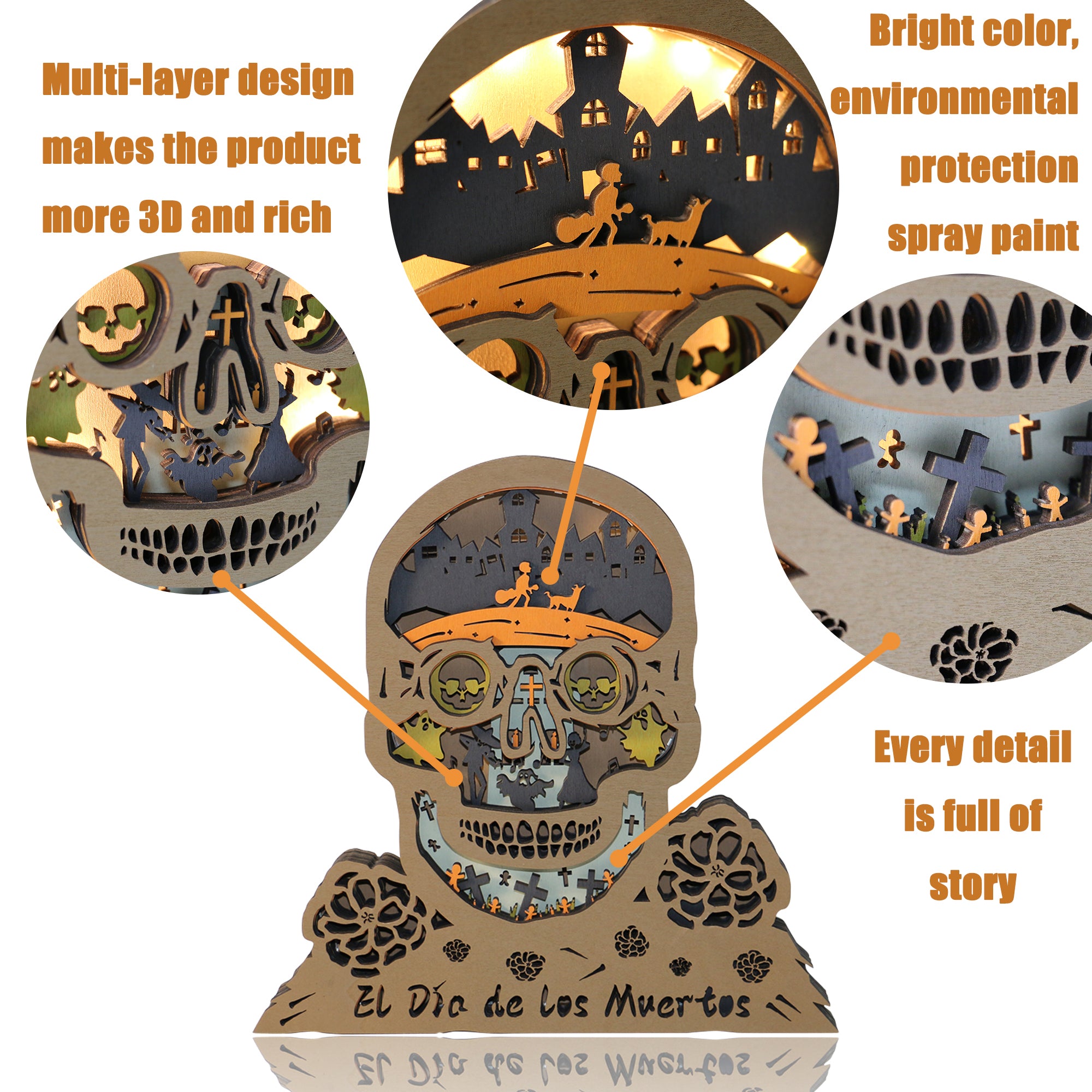 Wooden Day of the Dead Carving Handcraft Gift With Light