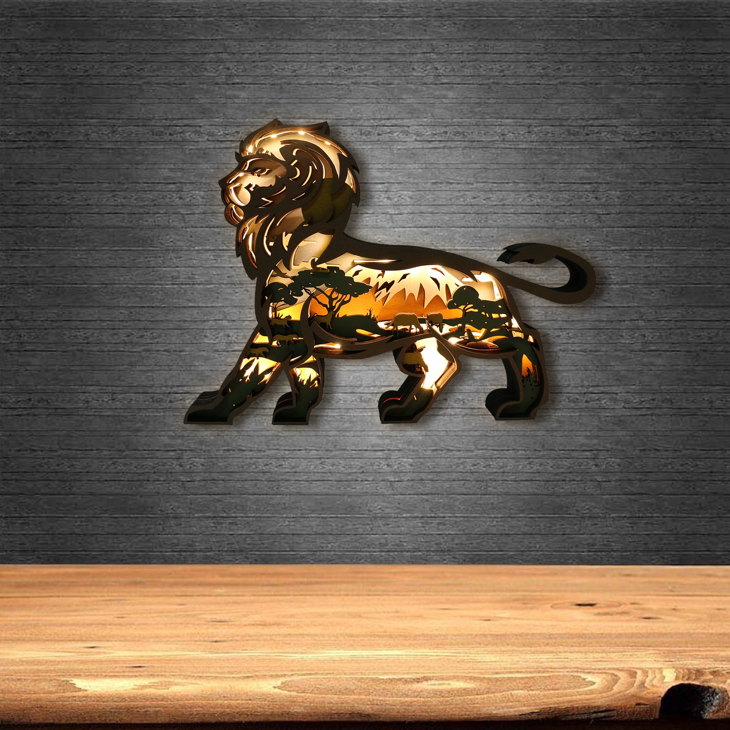 Wooden Lion Carving Handcraft Gift WIth LED