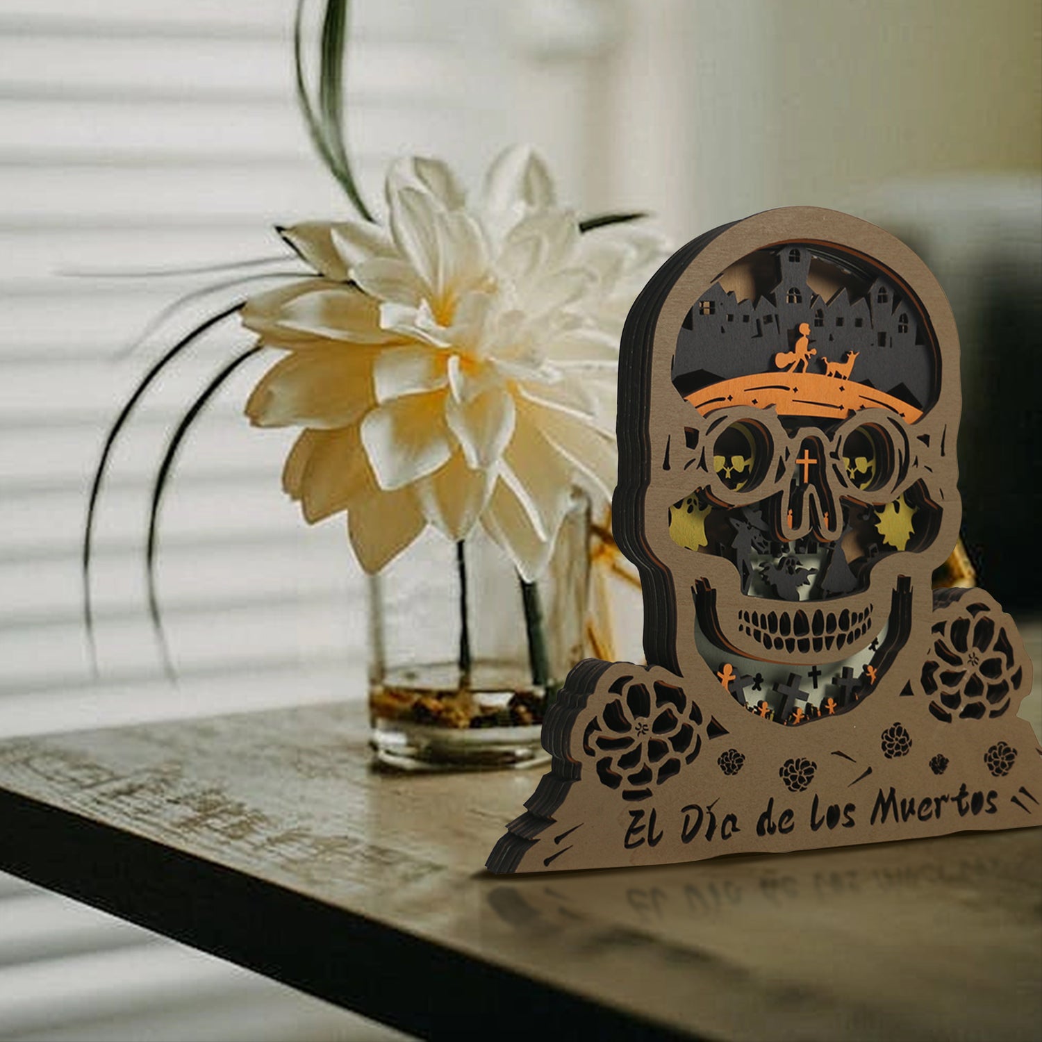 Wooden Day of the Dead Carving Handcraft Gift With Light